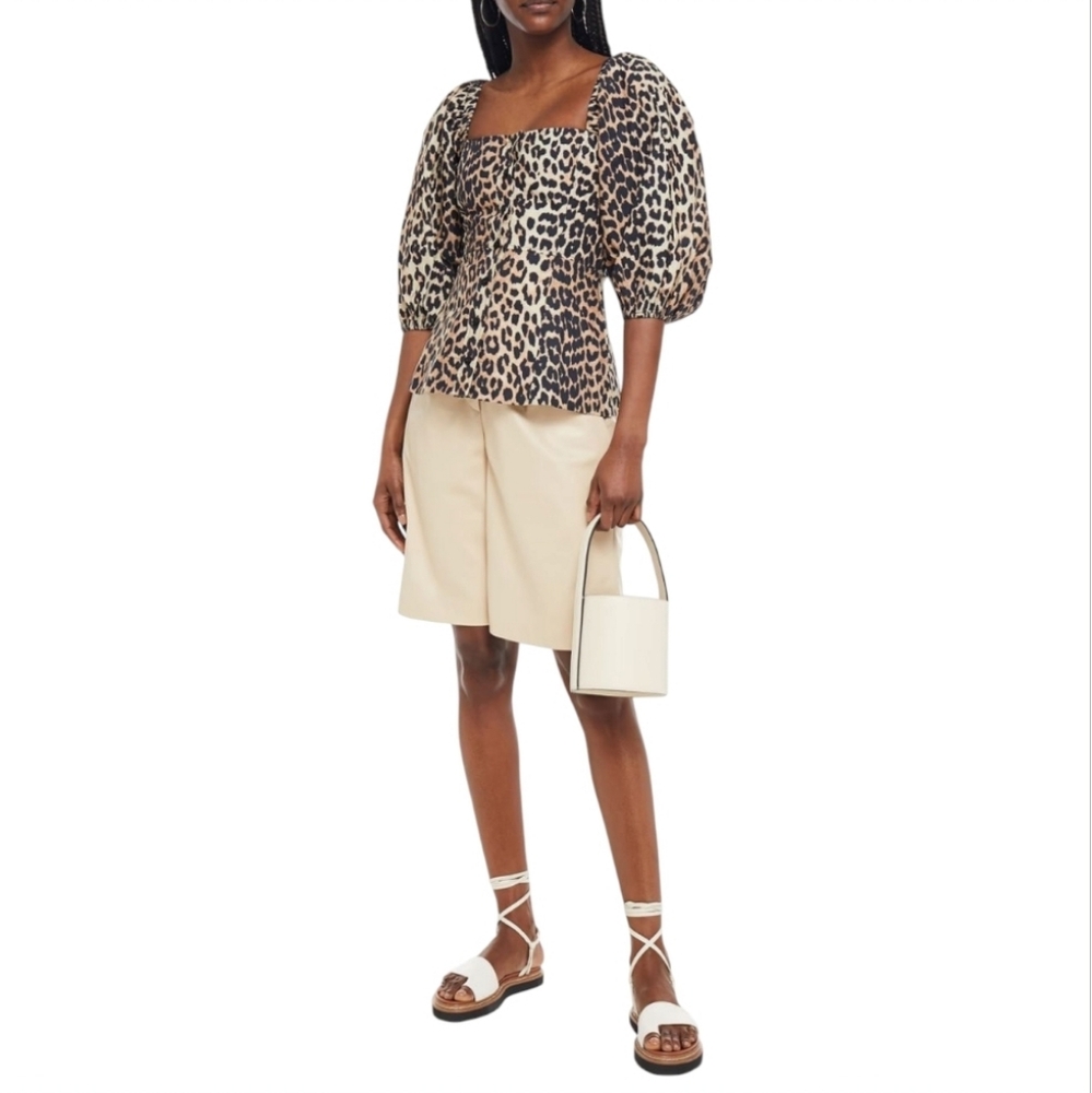 GANNI | Leopard Print Puff Short Sleeve Top in Size EU 38 / US 8